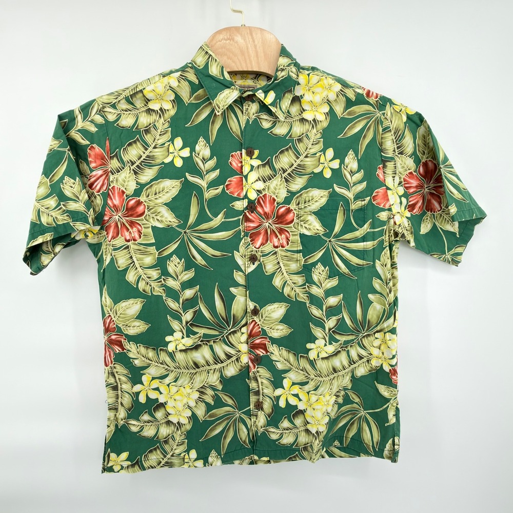 Aloha Hut Button Front Shirt Mens L Green Red Yellow Floral Tropical Hawaiian
